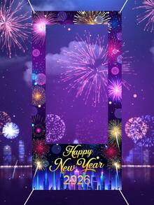 1个2026新年快乐相框道具，120*60厘米乙烯基材质，烟花图案，新年快乐相框横幅，新年背景幕布，背景布，背景装饰，背景帘，活动摄影配件，新年礼物，新年庆祝用品，新年装饰品 - 彩色 - 查看 7