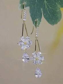 "1 Pair Crystal Water Drop & Zirconia Flower Earrings For Women, Stylish & Elegant Jewelry For Everyday, Parties, Proms, Gifts For Valentine's Day & Mother's Day" - Gold - 查看 2
