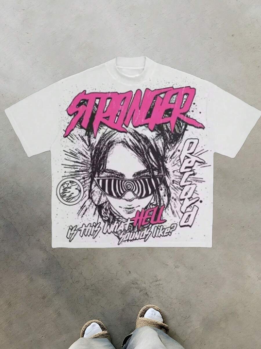 Gothic - Inspired "STRANGER" Tee: "" & Record Motif Y2k Style Tee (220g Cotton T-Shirt)Dark - Toned "STRANGER" Tee: "Is This What  Sounds Like?" Printed T-Shirts, Unisex T-Shirts, Casual And Comfortable To Wear Men's Summer Round Neck Short Sleeve T-Shirts, Fashion Printed T-Shirts, Uni T-Shirts, Casual And Comfortable To Wear Vintage - Style Graphic T - Shirt - 白色 - 查看 1