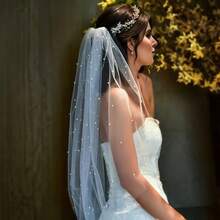 1 Romantic Bridal Veil With Artificial Pearl Decoration Perfect For Weddings, Photo Shoots And Formal Events - 白色 - 查看 7