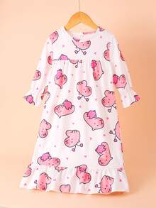 Girls Dress Nightdress White Cute Cartoon Print Long Girls Pajamas Sweet Ruffles Casual And Comfortable Girls Home Clothes
