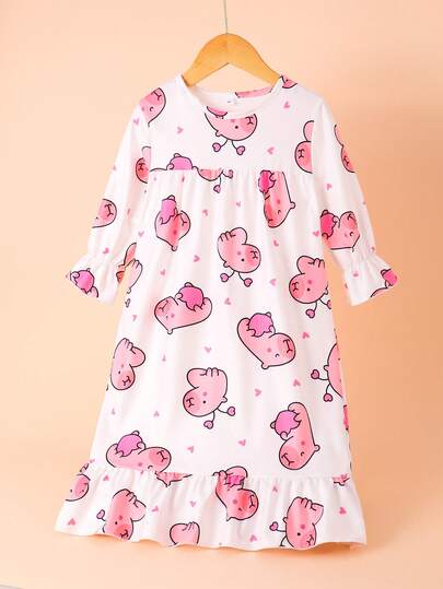 Girls Dress Nightdress White Cute Cartoon Print Long Girls Pajamas Sweet Ruffles Casual And Comfortable Girls Home Clothes