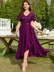 MIUSOL Elegant Women's V Neck Sequin Lace Bodice Maroon A-Line Midi Dress With Flutter Sleeves, Ruffle Flowy High Low Hem, For Formal Prom Gown, Wedding Guest, Evening Party, Cocktail, Dinner - Màu Tím - Xem 5