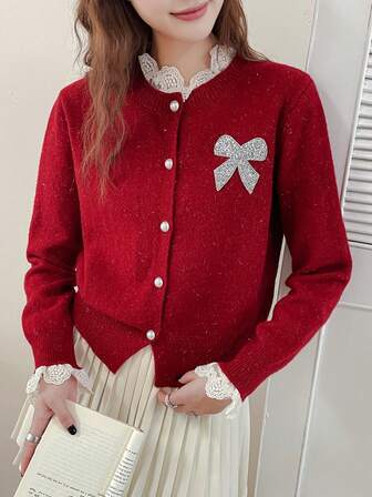 Wixra 2025 Autumn/Winter New Arrival Elegant Sweet Lace Trim Rhinestone Bow Knitted Cardigan, Soft & Cozy Sweater Jacket For Women