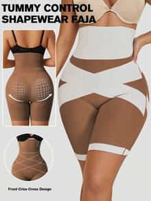 1 pièce Pantalon gainant taille haute à croisillons, legging amincissant, short de sous-vêtement, culotte, gaine taille pour femmes - Tabac - Voir 5