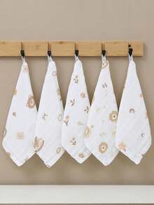 5件装卡通动物图案婴儿围嘴新生儿纯棉超柔软小手帕婴幼儿洗脸巾婴儿用品纱布巾 - 彩色 - 查看 2