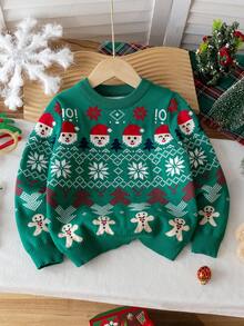Kids Boys Girls Christmas Santa Claus & Christmas Tree Pattern Long Sleeve Sweater, Christmas Gift, Christmas Snowflake Crew Neck Pullover, Suitable For Christmas Party, Daily Wear, Spring, Autumn, Winter