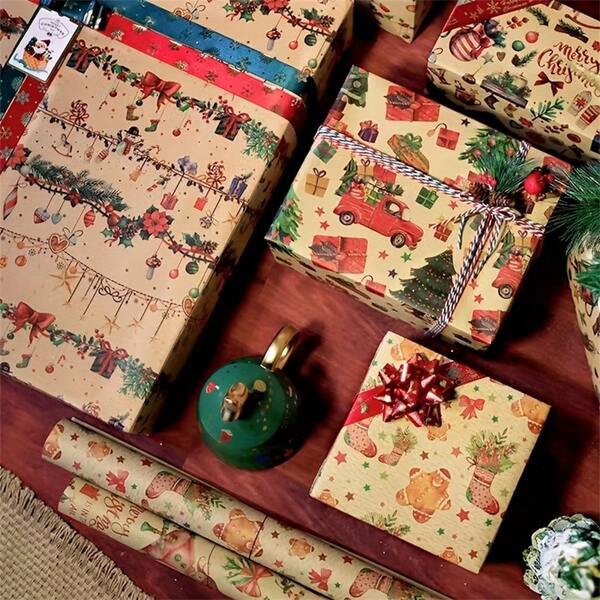 12pcs Vintage Yellow Christmas Gift Wrap Set With Reindeer & Tree Designs - Perfect For Holiday Presents, Birthdays & Party Favors Gift Wrapping Accessories(3/6/12pcs)