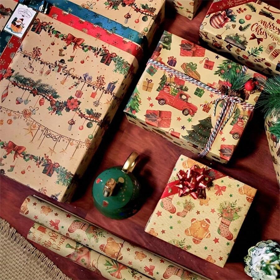 12pcs Vintage Yellow Christmas Gift Wrap Set With Reindeer & Tree Designs - Perfect For Holiday Presents, Birthdays & Party Favors Gift Wrapping Accessories(3/6/12pcs) - Multicolor - View 1