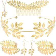 5 件套希腊女神风格服装和配饰套装，包括叶形皇冠、头饰、手镯、耳环、新娘头饰万圣节