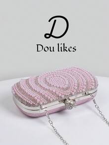 优雅的泪珠形粉红珍珠晚宴手拿包，适合旗袍的高端订婚手提包，配有金属链带，优雅的女士派对包适合舞会、婚礼、毕业舞会、正式晚宴/宴会，完美搭配女士毕业舞会礼服、毕业舞会配饰、亮片礼服、闪亮礼服、女士优雅礼服。 - 粉色 - 查看 3