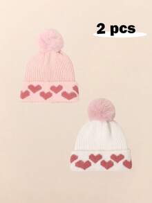 2pcs Baby Girl Winter Hat Cute Heart Pattern Plush Pom Knit Beanie Warm Hospital Cap For Infant Cold Weather Outdoor Accessories - Multicolor - View 2