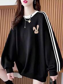 Women's Simple Cotton Black & White Striped Cartoon Rabbit Print Loose Comfortable Casual Vacation Home Daily Fashion Student Teenager Versatile Long Sleeve Sweatshirt