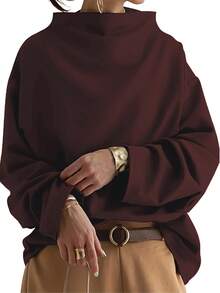 New Solid Color Spring, Summer And Autumn One-Shoulder High Collar Long Sleeve Top - Red Violet - View 7