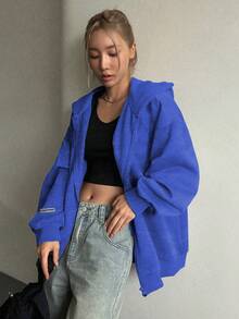 1pc Teen Girls Casual Versatile Workout Fleece Hooded Sweatshirt, Thick & Warm, Spring/Autumn/Winter - Blue - View 5