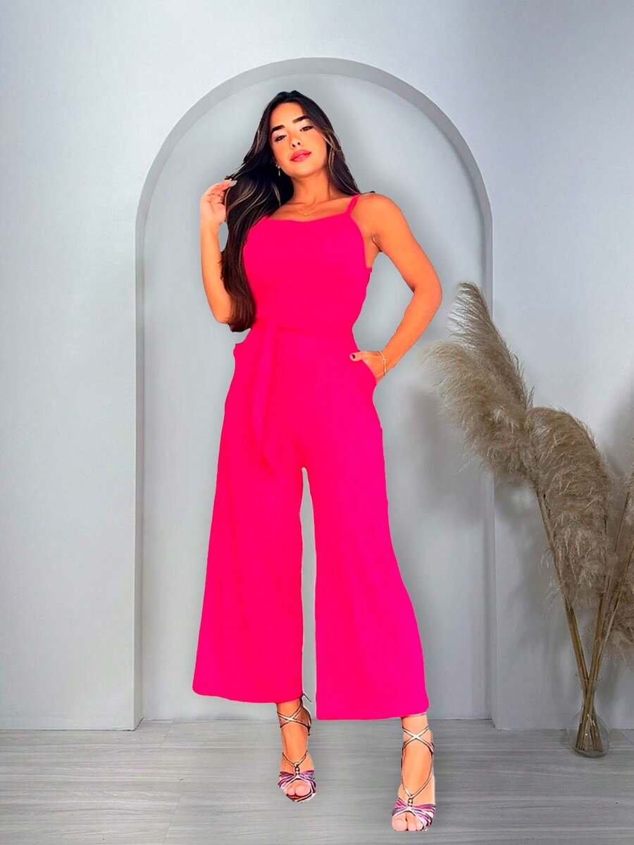 Women's Jumpsuit With Straps, Long Pantacourt And Viscolycra Tie - 玫紅色 - 查看 1