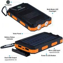 Solar Power Bank With Built-In Flashlight, Compass, And Automatic Output Adjustment Function. Waterproof, Dustproof, And Shockproof, Suitable For Camping, Hiking, Fishing, And Cycling. - Black - View 8