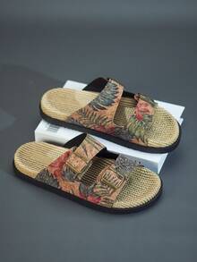 1 Pair Men's Summer Fashion Slide Sandals, Suitable For Daily Outdoor Activities, Beach Vacation, Metal Double Buckle Design, Adjustable Upper, Fresh Summer Outfit, Indoor Bathroom Slippers, Tropical Print Flip Flops