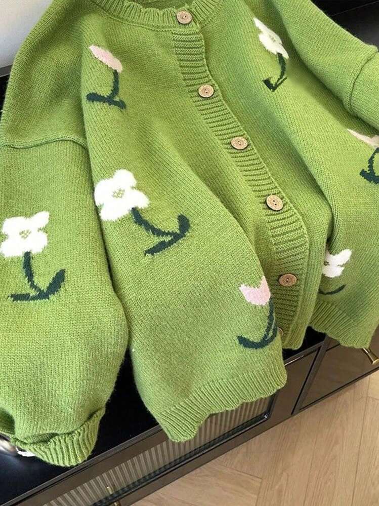 Cardigan de Tricô Feminino, Bordado Floral Elegante, Uso Diário, Outono/Inverno - Verde - Visão 7