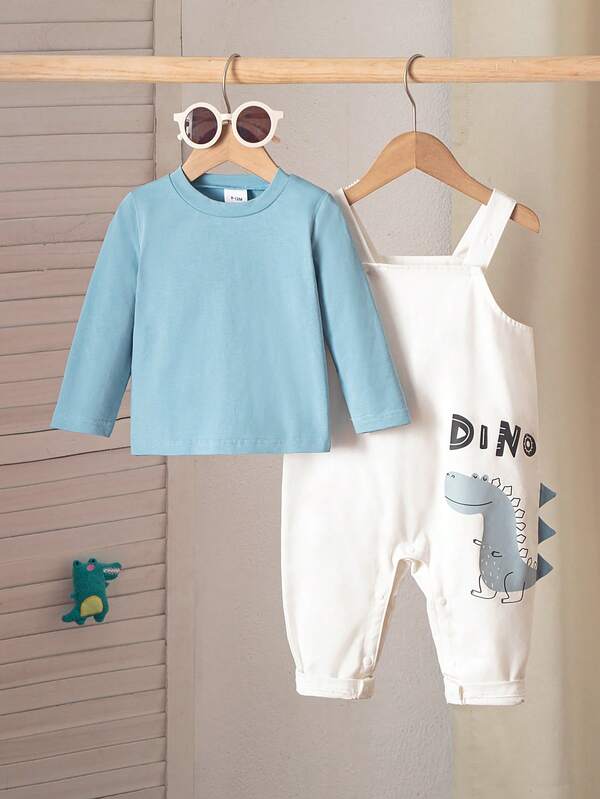 2er Set Baby Jungen modisch und süß Dinosaurier Muster Muster - Hosenträger Jumpsuit, Langarm T-Shirt + Jumpsuit, weich und bequem 95% Baumwolle, modischer und eleganter Stil, geeignet für Frühling, Sommer und Herbst Outdoor Aktivitäten, Partys, Treffen, tägliche Lässig, jede Gelegenheit