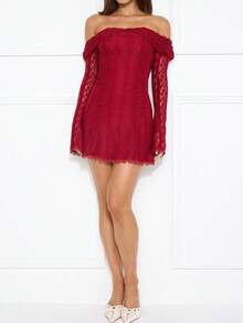 Women's Autumn Lace Ruffle Off Shoulder, Long Sleeve Lace Patchwork Waist A-Line, Elegant, Romantic, Sexy, Pure, Chic Mini Dress For Date, Midnight Party, Music Festival - Red - View 3