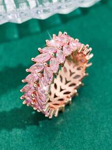 1pc Elegant Luxury Vintage Leaf Design Ring, Inlaid With Pink Synthetic Zirconia, Shiny Accessory, Suitable For Daily Wear And Valentine's Day Gift
