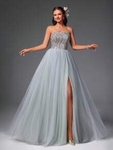 Nuevo vestido de noche formal elegante y de alta gama con diseño de parches de lentejuelas gris claro, cuello halter y superposición de malla - Gris Claro - Ver 6