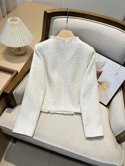 GMFP Women's Casual Elegant Fashion Loose Beige French Button Tweed Fringe Short Jacket, Suitable For Summer & Autumn Holiday Season