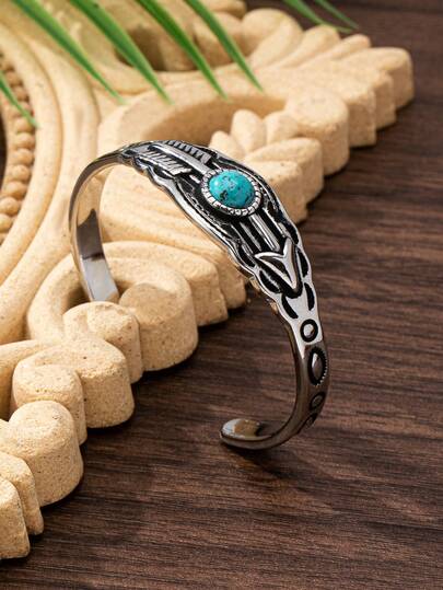 سوار معدني أنيق من سبيكة معدنية بتصميم مجوف غير متماثل بشكل سهم فيروزي باللون الفضي، مناسب للاستخدام اليومي والحفلات والمناسبات والعطلات