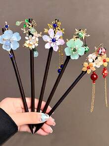 复古花朵流苏发簪，中式木质发簪，适合女性户外、旅行、摄影、度假、圣诞节、节日礼物、头部饰品、女士发饰 - 彩色 - 查看 7