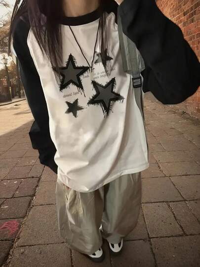 Women's Loose Casual Versatile Printed Raglan Sleeve Contrast Color Cartoon Print Long Sleeve T-Shirt