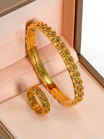 2 件/套 18K 镀金不锈钢手链和戒指首饰套装，适合女性日常佩戴，经典欧美流行表链造型设计，防水，优雅奢华的休闲表带首饰套装，婚礼首饰套装，送给女孩、女士、妈妈、亲戚、朋友的礼物，美丽的婚礼、生日、母亲节、女友情人节