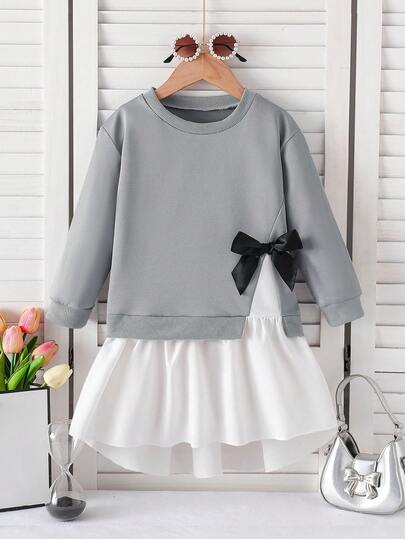 Girls Young Girl Casual Energetic Fashion Daily Versatile Bow Decor Round Neck Long Sleeve Mid-Length Dress, Autumn/Winter