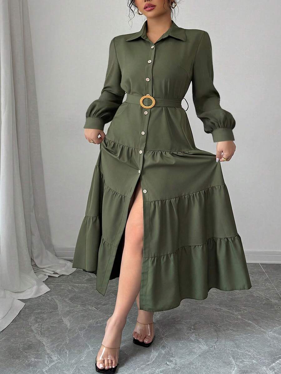 Plus Size Solid Color Fabric Ruffle Trim Button Front Dress, Casual Everyday Wear, Spring/Autumn - Green - View 1
