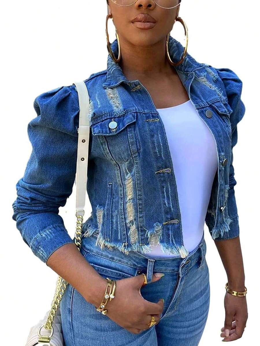 Women's Long Puff Sleeve Denim Jacket, Short Distressed Jean Coat, Ripped Denim Top - Dark Wash - View 1