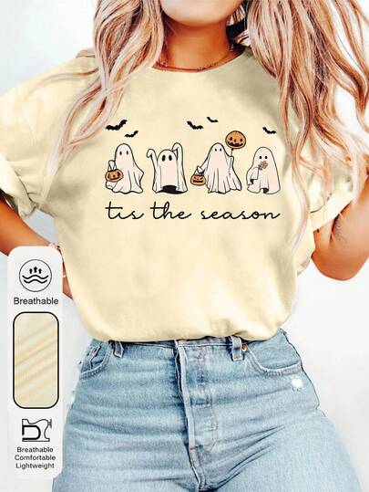 女式夏季可爱鬼魂图案印花圆领短袖简约休闲日常 T 恤上衣，南瓜印花女式上衣，印有“Tis The Season”字样女式夏季服装，蝙蝠印花夏季上衣