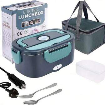 صندوق غداء كهربائي محمول للسيارة والمنزل من هيرفيلك - صندوق بنتو محمي من التسرب مع إمكانية التسخين بالميكروويف، مع وعاء داخلي قابل للفصل من الفولاذ المقاوم للصدأ، سعة 1.5 لتر، مصمم للسائقين