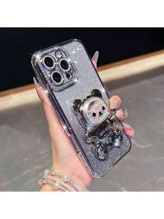 Bling Gradient Glitter Rhinestone Cartoon Candy Liquid Bead Bear Foldable Kickstand Phone Case Compatible With IPhone 17 16e 15 14 13 12 Pro Max 14 15 Plus 11, Galaxy A05 A05S A06 A07 A17 A12 A13 A14 A15 A25 A33 A35 A52 A53 A54 A55, S23 S24 S25, EDGE, Mate 50 60, X9a X9b, Magic 5 Lite 6 Lite, S23 S24 S25