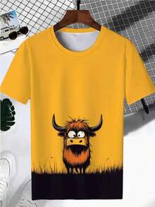 Herren Große Größen Gelbes Kurzarm T-Shirt, verspieltes Cartoon Monster Design Rundhals, 3D Digital Bedruckt