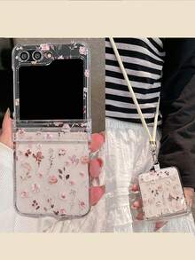 时尚全屏玫瑰花手机壳,带可调节斜挎颈绳,兼容三星 Galaxy Z Flip7 Flip6 Z Flip 5 4 3 粉色花卉折叠保护后盖 - 白碎花 - 查看 2