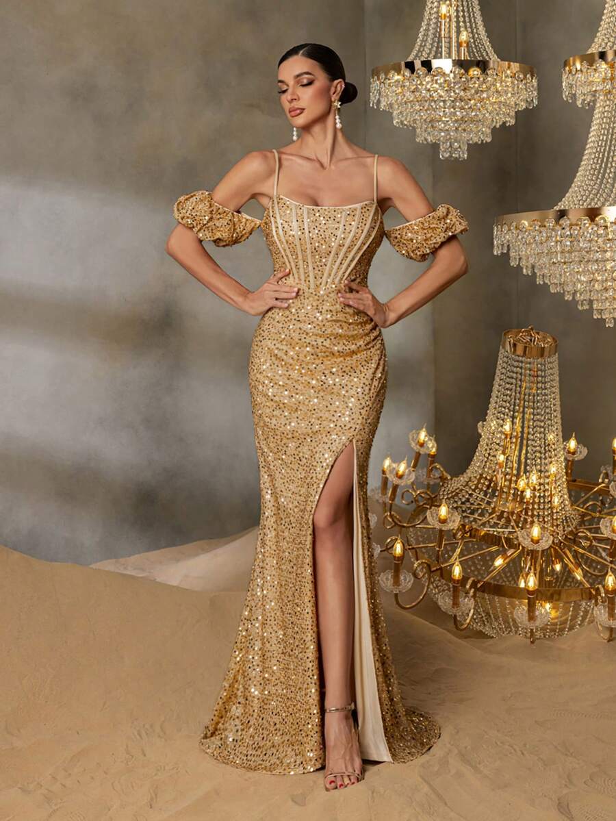 Faeriesty Style Elegant Glittery Puff Sleeves Lace-Up Backless Split Sequin Formal Party Dress For Weddings, Galas, And Cannes Parties Proms, Red-Carpet Events, And High-End Banquets​,Award Ceremonies