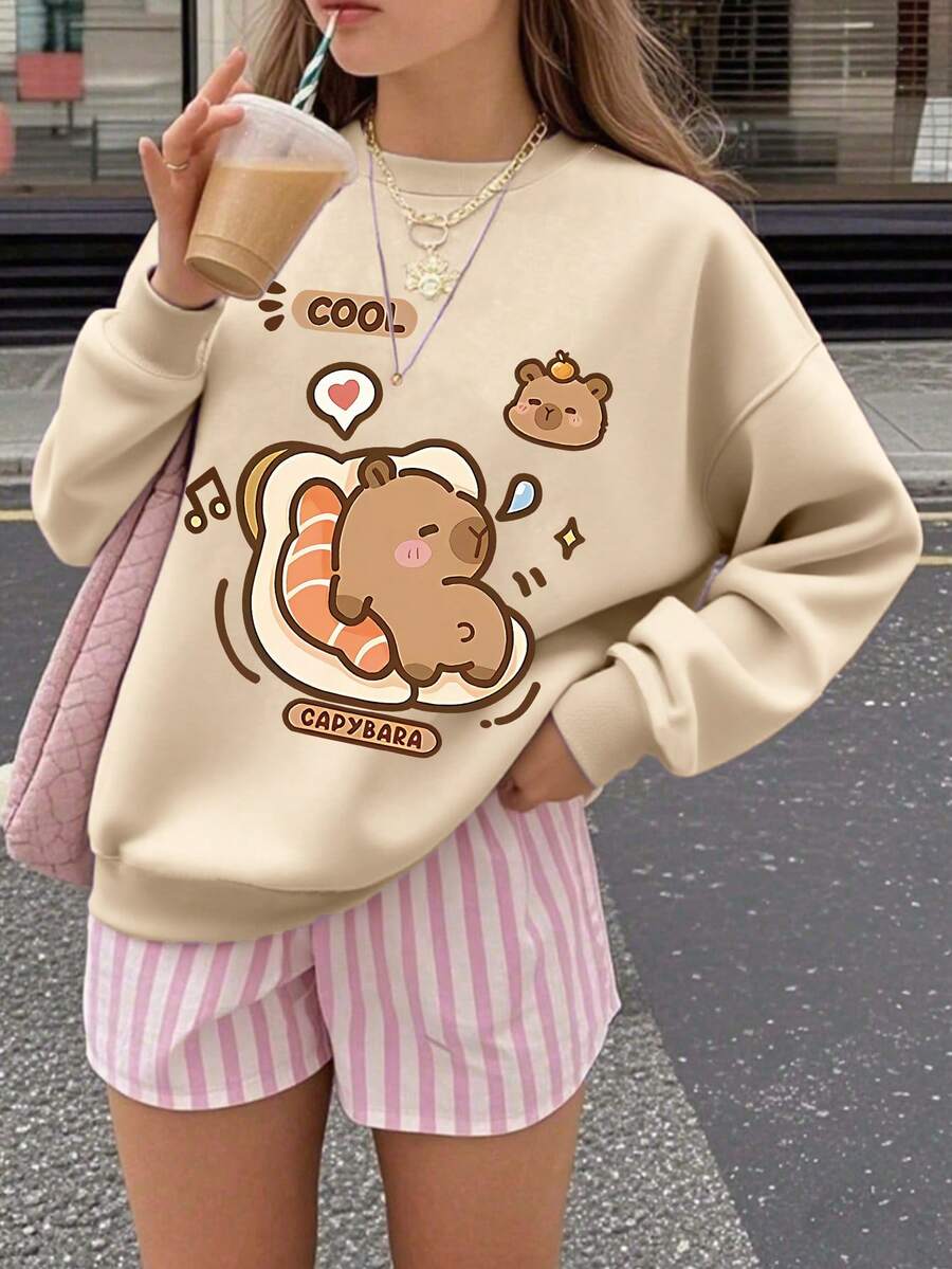 1 Stück Mädchen Sweatshirt mit lustigen Elementen & Cartoon Capybara, süß, für Frühling Herbst Schulaktivitäten, personalisierter Stil