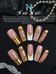 NAIO 10 Pieces Handmade Rectangle Press-On Nails With 3D Line Art, Color Nude And Gold Optional, With White Fashionable French Tip Nail Style With Cross And Gold Glitter Sequins Nail Gems Decoration Nail Supplies, They Are Perfect For Women And Girls' Daily Look, Also Great For Parties, Ceremonies And Other Occasions. The Included Tool Set Is A Great Gift For Women And Girls.