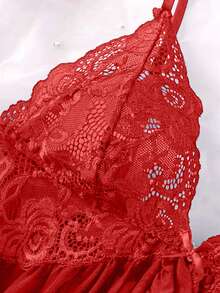 ROMWE Kawaii 3pcs/Set Women Sexy Deep V Lace Lotus Lingerie Set, Versatile Sexy Sleepwear For Bedroom, Bathroom, Party - Burgundy - View 5