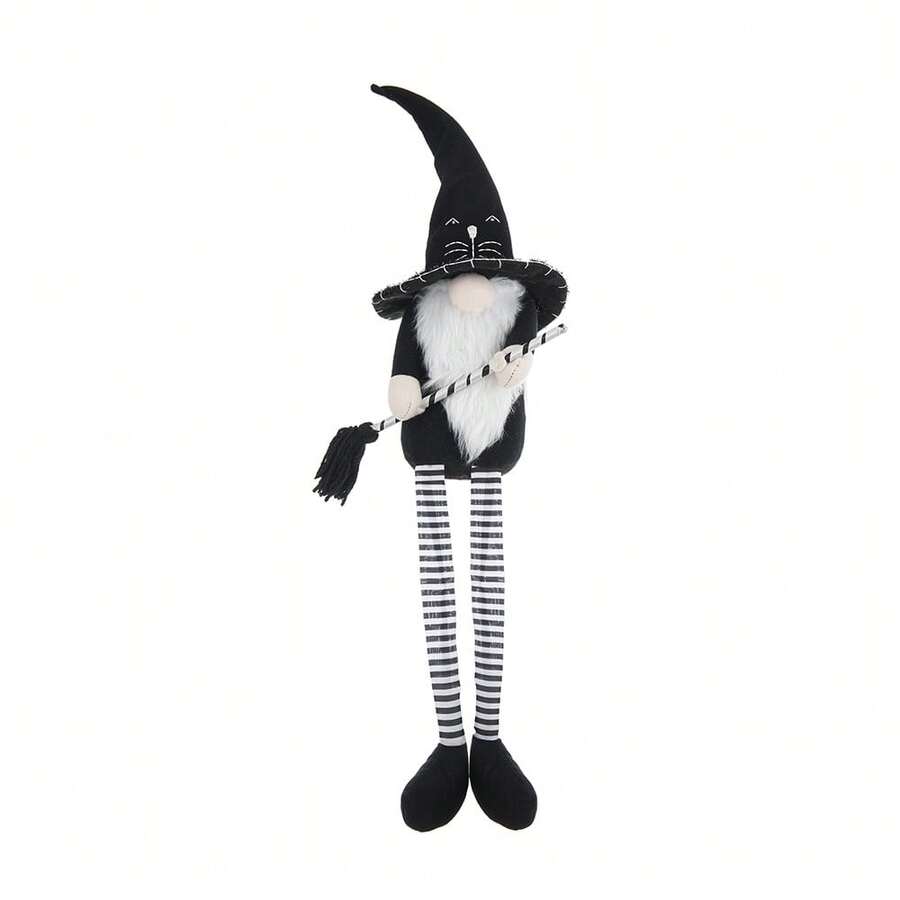4.3x4x26.8" Fabric Sitting Black Gnome With Broomstick&Long Legs, For Halloween Decor