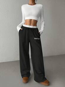 1pc Tween Girls Solid Color Patchwork Fashionable High Street Versatile Pants - Black and White - View 5