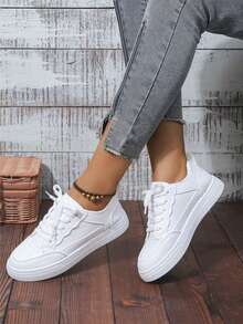Women White Sneakers Spring Autumn Sport Running Shoes Casual Lace Up Flat Skid-Proof Shoes - trắng - Xem 3