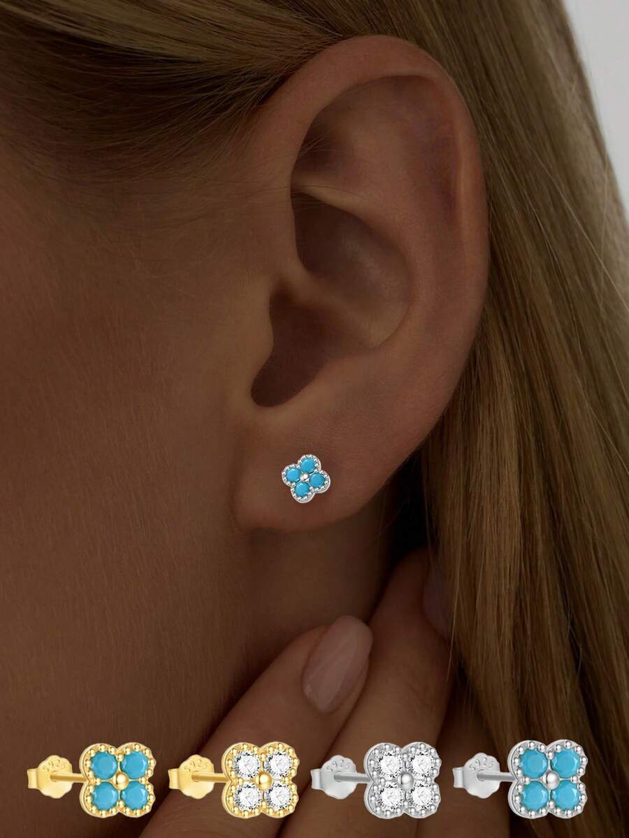 1 pieza Pendiente elegante de plata de ley S925 con diseño geométrico de flor y trébol de turquesa, regalo del Día de San Valentín - pendiente único - Ver 1