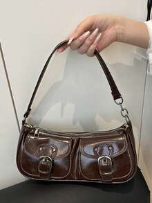 Bolso de hombro vintage de color sólido de moda, adecuado para viajes y desplazamientos diarios. - Café integral - Ver 1