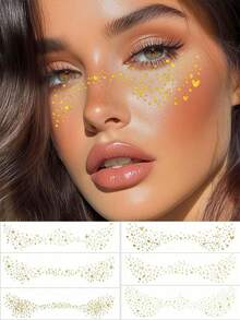 6张闪光雀斑脸部纹身贴纸，带心形唇印和星星图案，防水，临时闪亮金色雀斑纹身贴纸，适合夏季旅行、派对、音乐节、约会、舞会、情人节等场合。 - 金色 - 查看 9